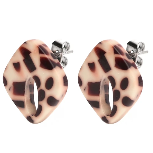 Pendientes diamante hueco acetato 16x14 mm - Marrón jaspeado - Crema x2