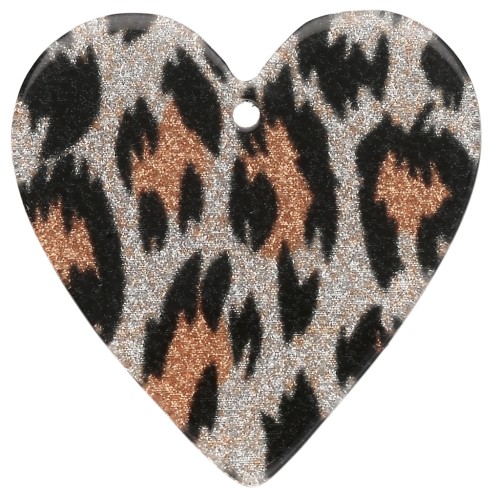 Colgante Corazón de Acetato 31x32 mm - Glitter Leopardo Negro - Naranja x1