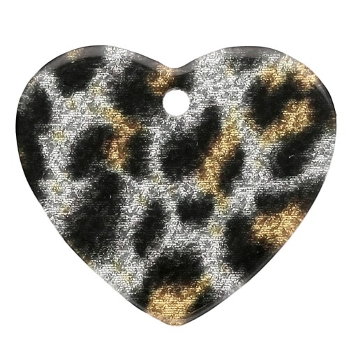 Colgante Corazón Acetato 21x18 mm - Negro - Glitter Leopardo Amarillo x1