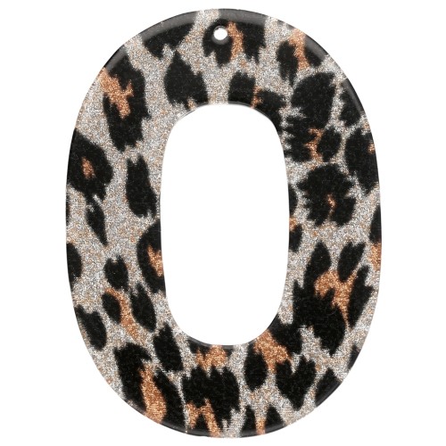 Colgante Hueco Ovalado de Acetato 47x34 mm - Leopardo Negro Purpurina - Naranja x1
