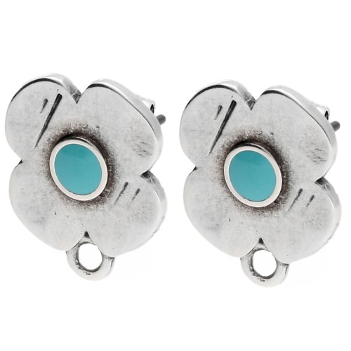 Pendientes flor 16x13mm resina epoxi baño de plata fina Turquesa vieja x2