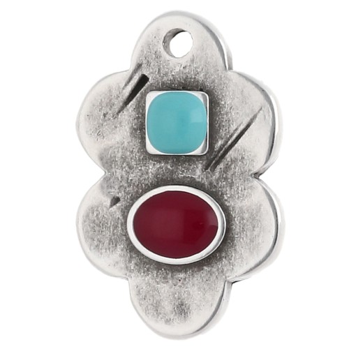Colgante hoja 21x14 mm resina epoxi - Chapa fina Arg Turquesa viejo - Rojo