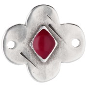 Espaciador de flor de 19x17 mm con resina epoxi - Chapa de plata fina envejecida - Rojo