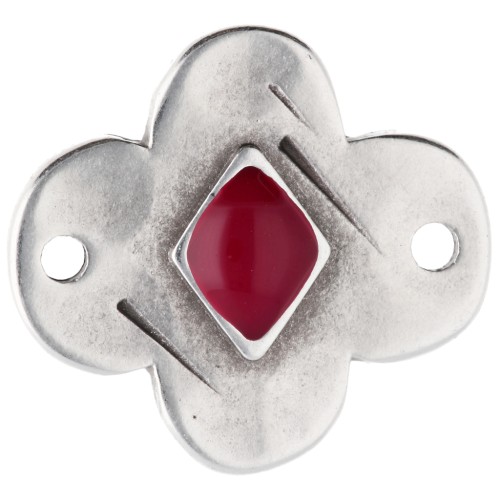 Espaciador de flor de 19x17 mm con resina epoxi - Chapa de plata fina envejecida - Rojo