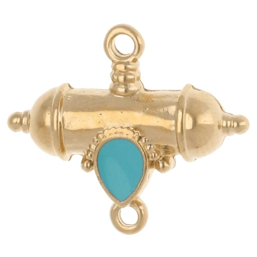 Entrepieza tubo y gota étnica 20x23 mm - Dorado con oro fino - Turquesa x1