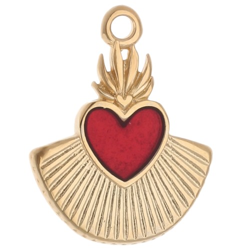 Ex-voto colgante corazón 22x17 mm con resina epoxi - Dorado con oro fino - Rojo x1