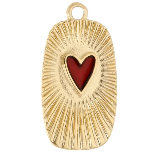 Colgante rectángulo corazón 25,5x13,5 mm en resina epoxi - Dorado con oro fino - Rojo