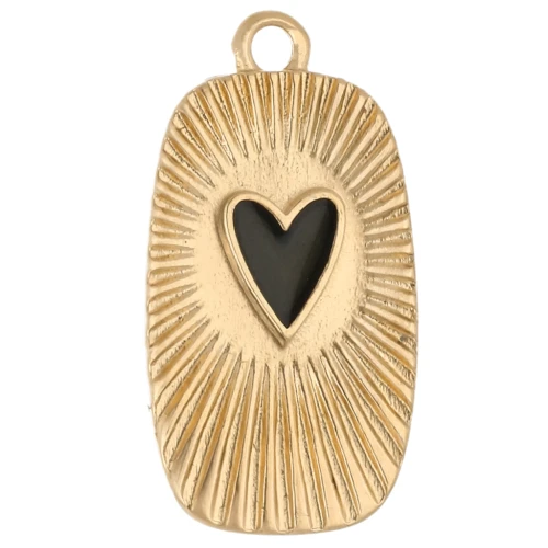 Colgante rectángulo corazón 25,5x13,5 mm en resina epoxi - Dorado con oro fino - Negro x1