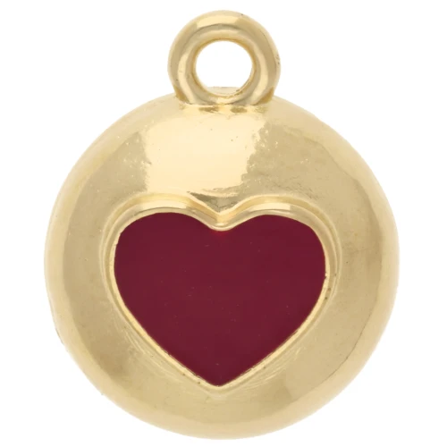 Colgante redondo de 13 mm - corazón en resina epoxi - Dorado con oro fino - Rojo x1