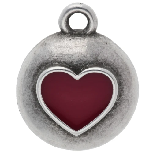 Colgante redondo de 13 mm - corazón de resina epoxi - baño de plata de ley envejecida - Rojo