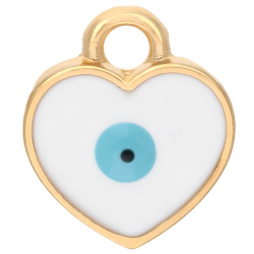 Colgante corazón 11x9,5 mm - Motivo ojo - Resina epoxi - Dorado con oro fino - Blanco x1