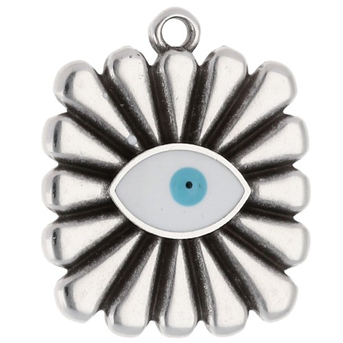 Colgante cuadrado 24x20 mm - motivo ojo - baño de plata fina envejecida - Blanco - Azul