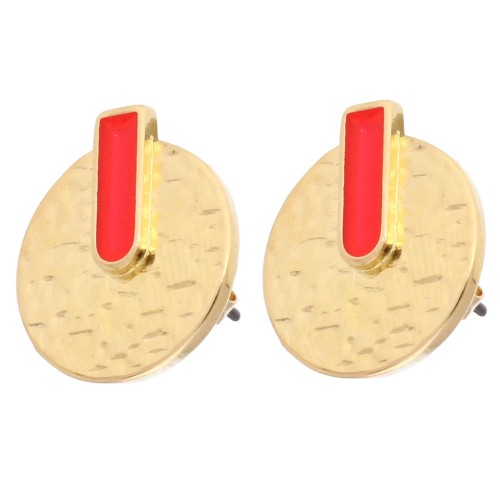 Boucles d'oreilles rondes martelées 16 mm - Dorado con oro fino - Coral fluorescente x2