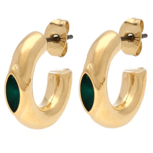Pendientes de aro y rombo de 17 mm de espesor en resina epoxi - Dorado con oro fino - Verde x2