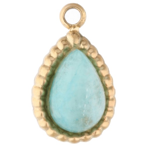 Dije en forma de gota de 10 x 6 mm con piedra preciosa - Acero inoxidable 304 dorado con amazonita teñida x1