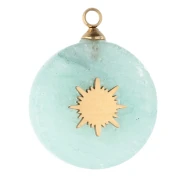 Dije redondo de 15 mm con diseño de sol - Acero inoxidable 304 Dorado - Amazonita teñida x1