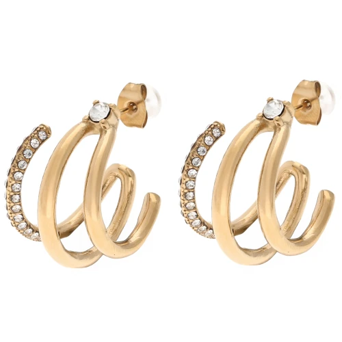 Pendientes de aro de triple hilera con óxido de circonio 21 mm - Acero inoxidable dorado 304 x2