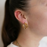 Pendientes de aro de triple hilera con óxido de circonio 21 mm - Acero inoxidable dorado 304 x2