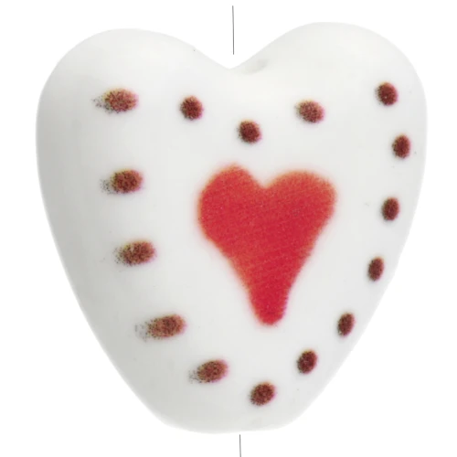 Cuenta de cerámica corazón 14,5 mm - Motivo corazón - Blanco - Rojo x1