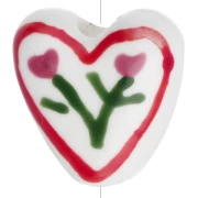 Cuenta corazón cerámica 14 mm - Motivo flor - Blanco - Rojo x1