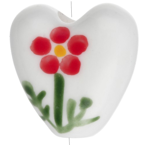 Cuenta corazón cerámica 15 mm - Motivo flor - Blanco - Rojo x1