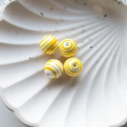 Cuentas redondas de cerámica rayadas 12 mm - Blanco - Amarillo x4