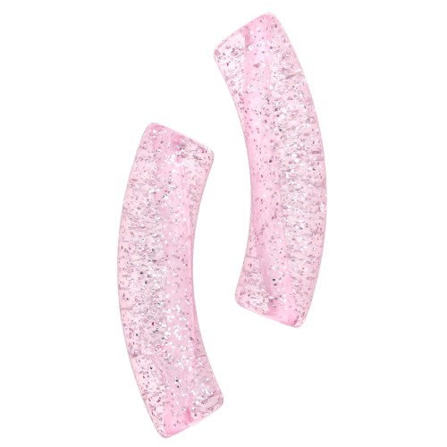 Cuentas de acrílico transparente 32x8 mm tubo curvado - Rosa Glitter Plateado x6