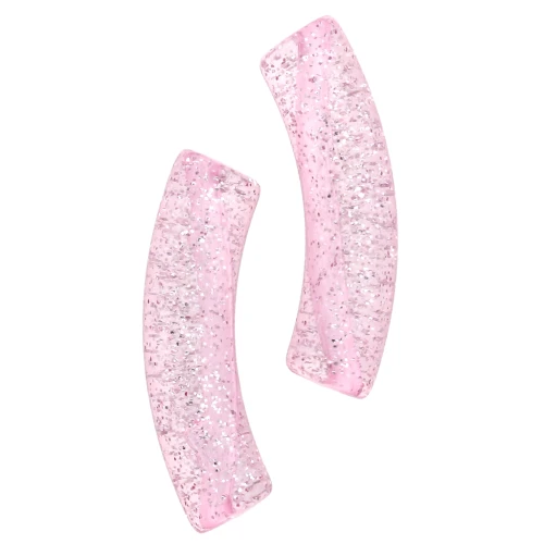 Cuentas de acrílico transparente 32x8 mm tubo curvado - Rosa Glitter Plateado x6