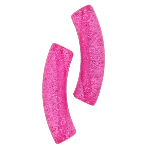 Cuentas tubo curvadas 32x8 mm acrilico transparente - Fucsia Glitter Plateado x6