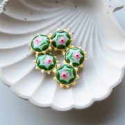 Cuenta de vidrio aplanada redonda 20 mm - motivo floral - Verde - Amarillo - Rosa x1