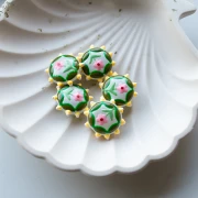 Cuenta de vidrio aplanada redonda 20 mm - motivo floral - Verde - Amarillo - Rosa x1