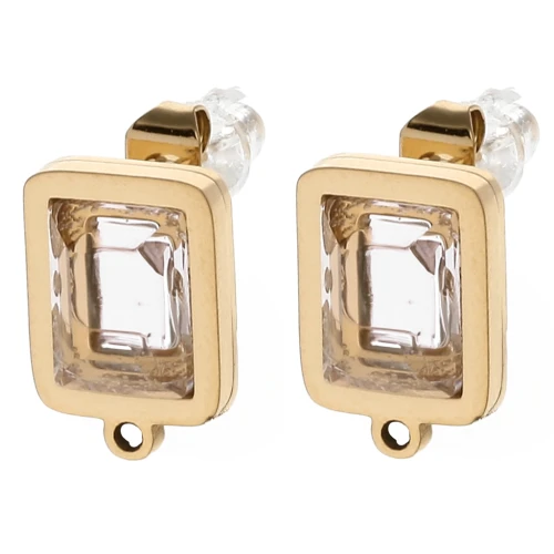 Pendientes rectangulares cabujón de vidrio 13x9 mm - Acero inoxidable chapado en oro 304L - Rosa x2