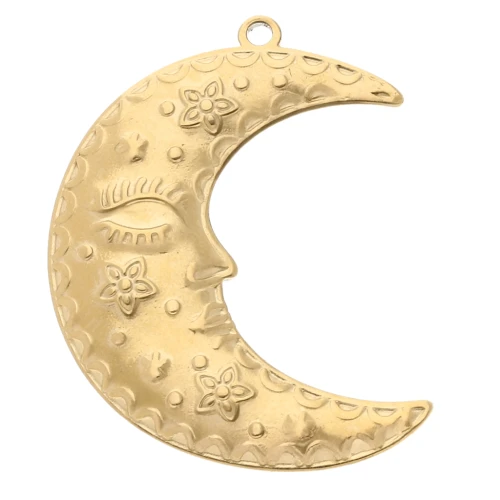 Colgante media luna 30x23 mm - flores y estrellas - Acero inoxidable 304 Oro