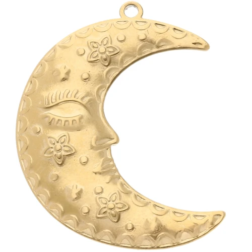 Colgante media luna 51x39 mm - flores y estrellas - Acero inoxidable 304 Gold