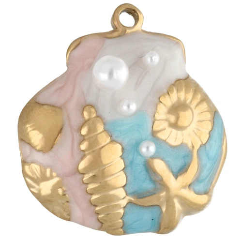 Colgante de concha 21x20 mm con motivo marino en relieve - Acero inoxidable 304 Oro - Pastel