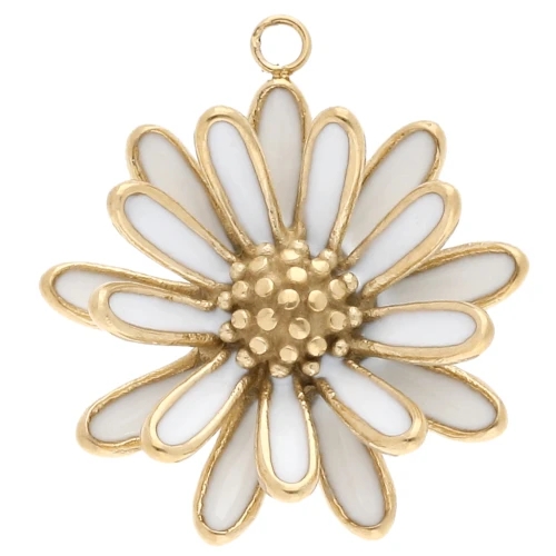 Colgante flor 3D de 23 mm con resina epoxi - Acero inoxidable 304 Gold - Blanco x1