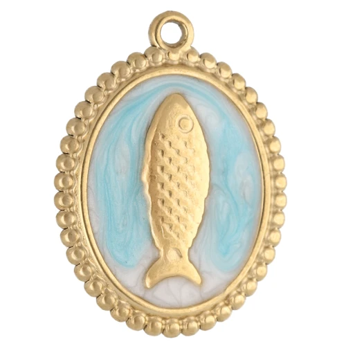 Colgante ovalado 23x17,5 mm - motivo pez - Acero inoxidable 304 Oro - Azul cielo x1