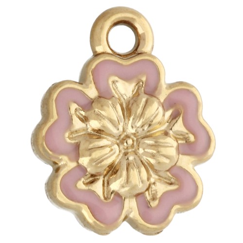Dije de flor de 10 mm con resina epoxi - Acero inoxidable 304 Gold - Rosa pálido x1