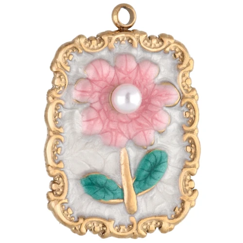 Colgante marco 26x18 mm con motivo flor - resina epoxi - acero inoxidable 304 Oro - Rosa