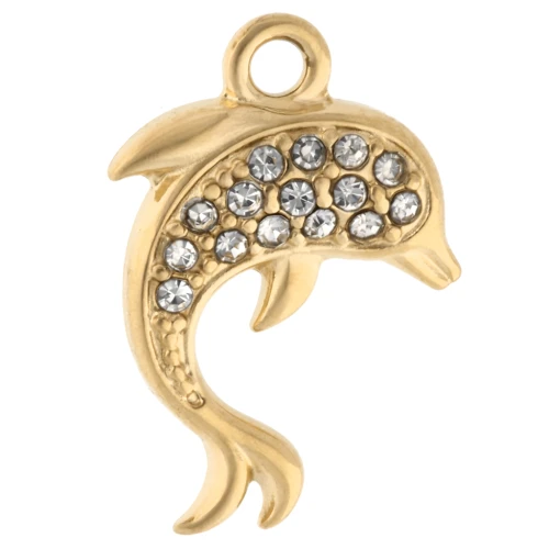 Colgante Delfín 14.5x9.5 mm con strass - Acero inoxidable 304 Oro - Cristal x1