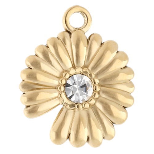 Charm flor 15 mm con strass - Acero inoxidable 304 Oro - Cristal x1