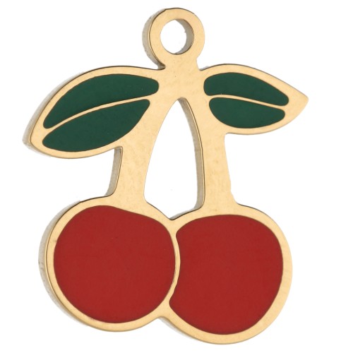 Charm de cereza 14x12,5 mm con resina epoxi - Acero inoxidable 304 Oro - Rojo x1