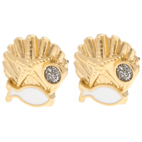 Pendientes concha 13 mm - Dorado con oro fino - Blanco - Brillo gris x2