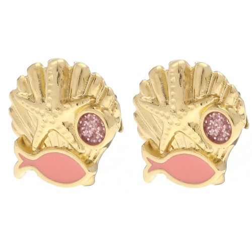 Boucles d'oreilles coquillage 13 mm - Dorado con oro fino - Salmón - Purpurina rosa x2