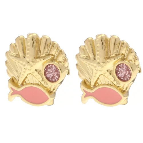 Boucles d'oreilles coquillage 13 mm - Dorado con oro fino - Salmón - Purpurina rosa x2
