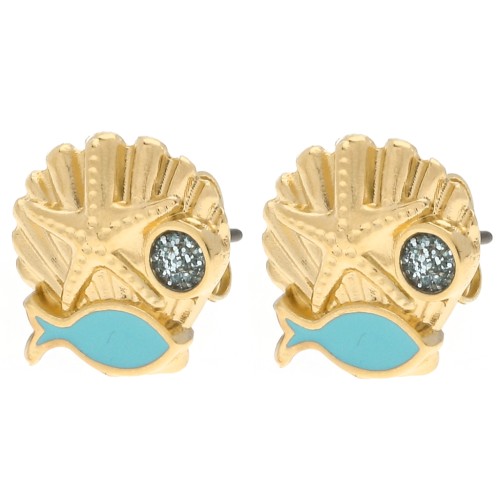 Pendientes de concha 13 mm Dorado con oro fino - Turquesa - Brillo azul x2