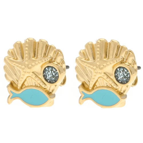Pendientes de concha 13 mm Dorado con oro fino - Turquesa - Brillo azul x2