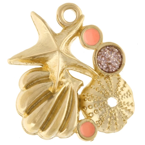 Colgante de concha y estrella de mar 21x20 m Dorado con oro fino - Purpurina rosa x1
