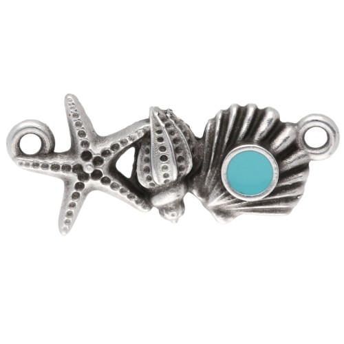 Entrepieza concha y estrella de mar 26x11mm Plateado fino Turquesa vieja
