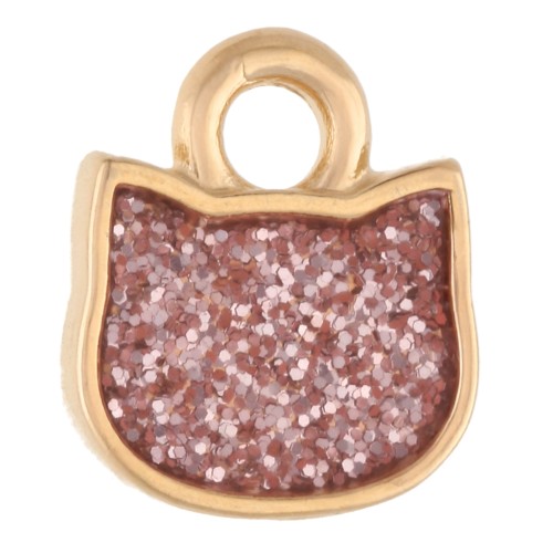 Dije cabeza de gato 9x8 mm - Dorado con oro fino - Purpurina rosa x1